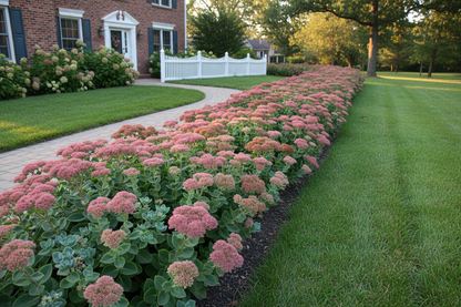 Sedum 'Autumn Joy' Stonecrop perennial plants as a border, suburban setting,