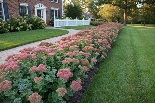 Sedum 'Autumn Joy' Stonecrop perennial plants as a border, suburban setting,