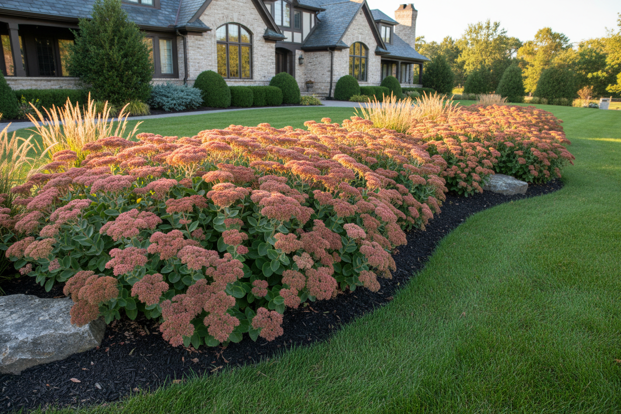 Sedum 'Autumn Joy' Stonecrop perennial plants, as a border, upscale suburban setting,