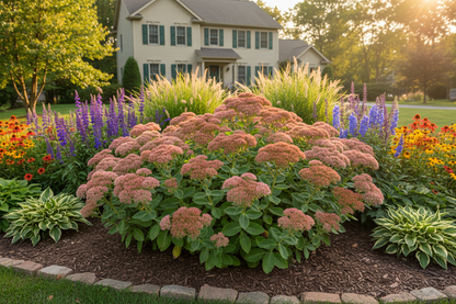 Sedum 'Autumn Joy' Stonecrop perennial plants, as a highlight plant in a perennial garden, suburban setting,