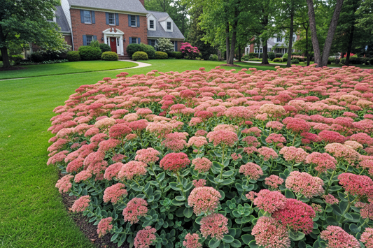 sedum 'autumn joy' stonecrop perennial plants as a large border, suburban setting