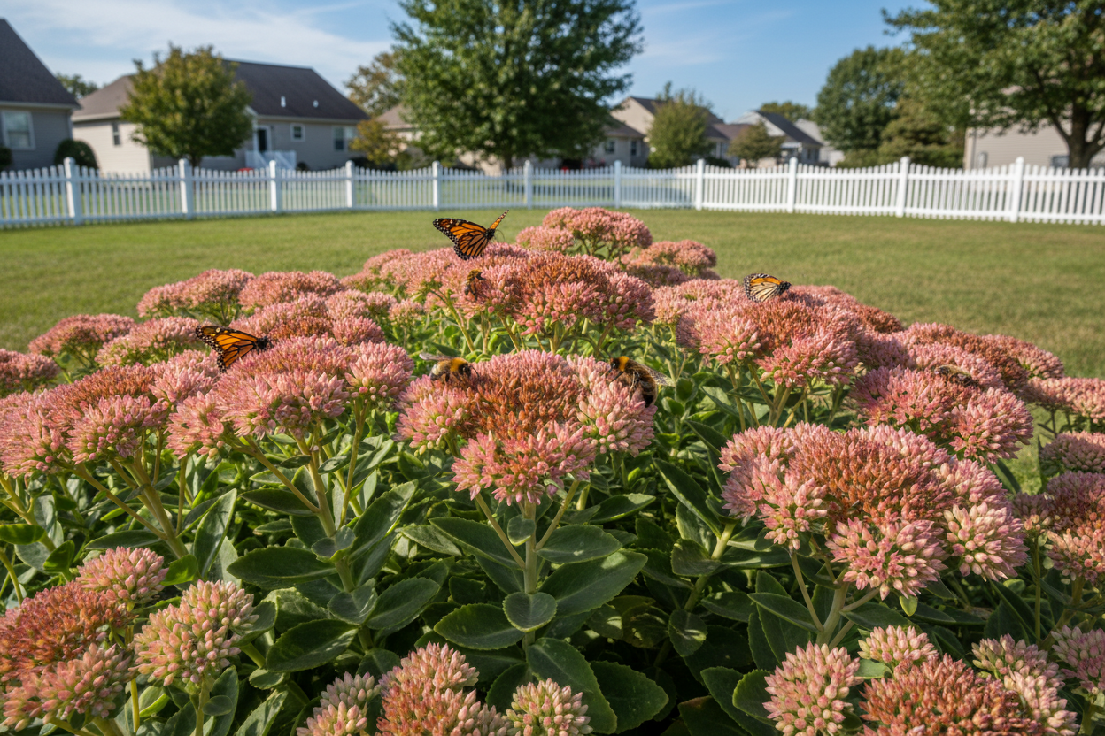 Sedum 'Autumn Joy' Stonecrop perennial plants, suburban backyard garden setting with pollinators,