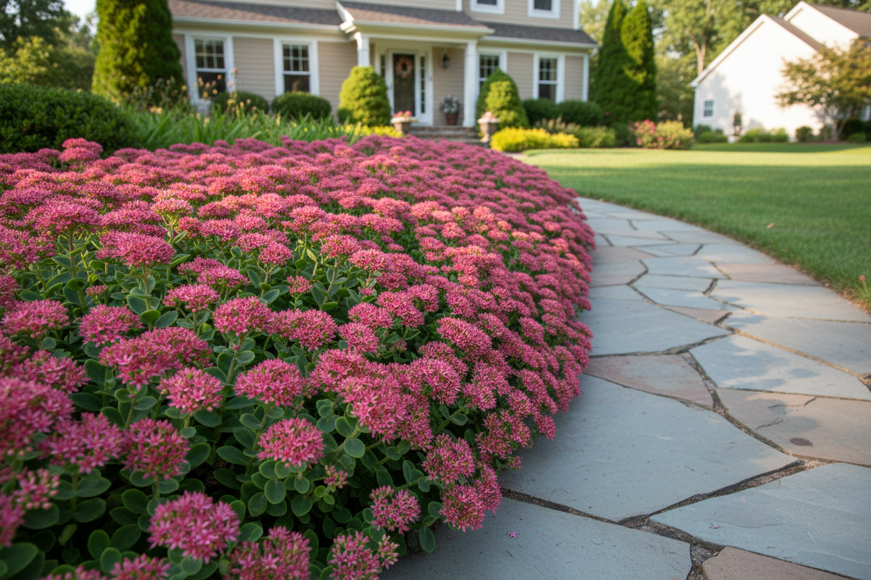 Sedum 'Carl' Stonecrop perennial plants, as a border, suburban setting,
