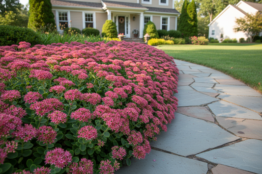 Sedum 'Carl' Stonecrop perennial plants, as a border, suburban setting,