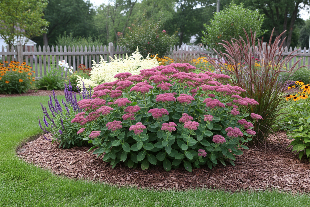 Sedum 'Carl' Stonecrop perennial plants, as a highlight plant in a perennial garden, suburban backyard setting,