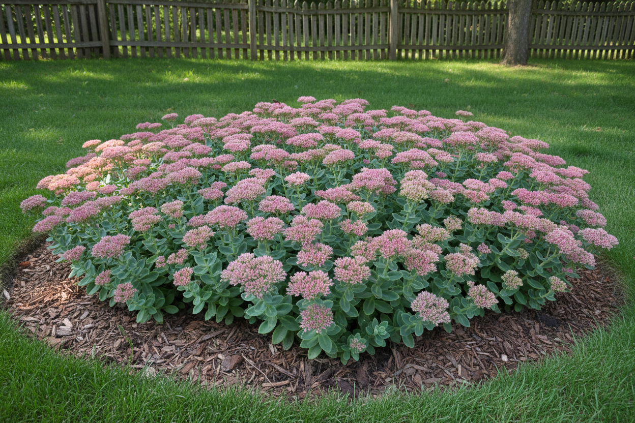 Sedum 'Carl' Stonecrop perennial plants, suburban backyard setting