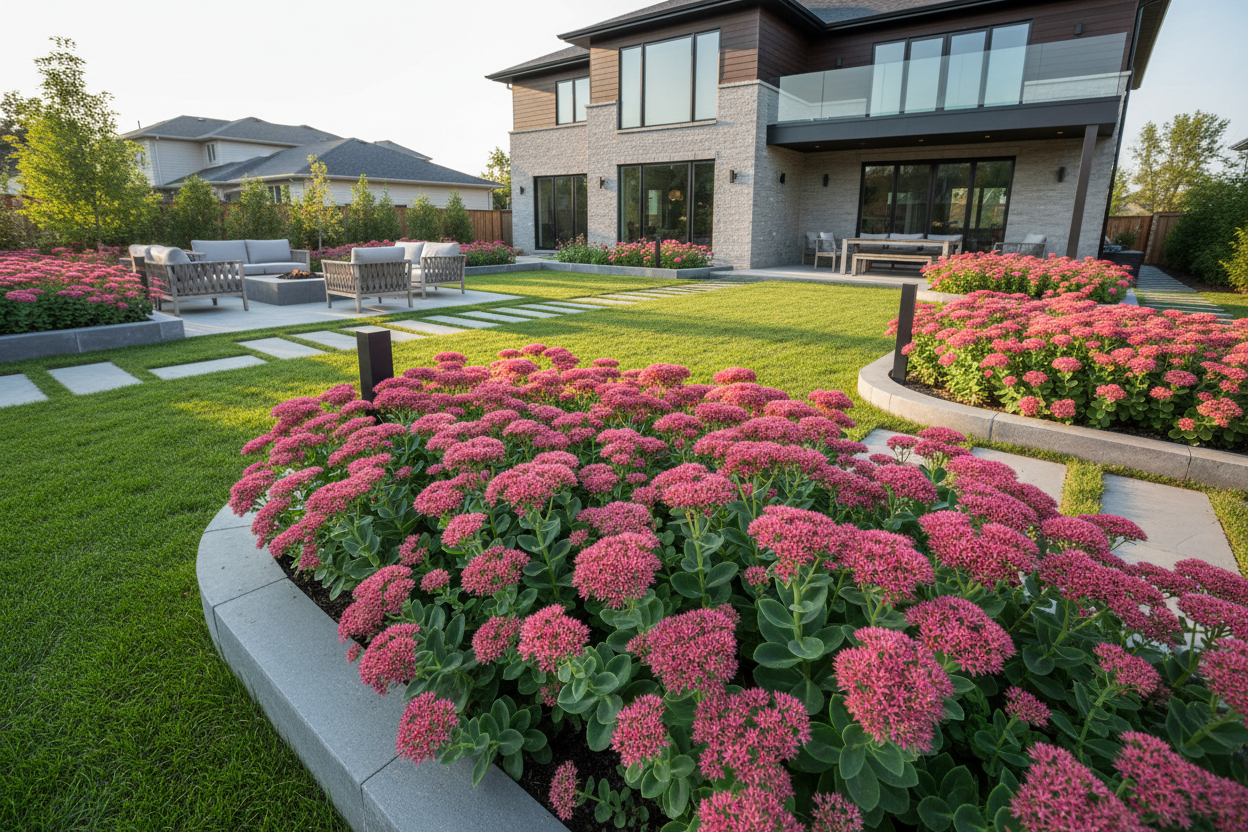 Sedum 'Carl' Stonecrop perennial plants, upscale landscaped suburban setting