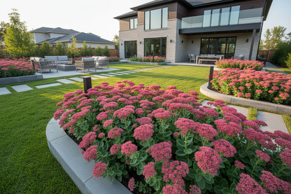 Sedum 'Carl' Stonecrop perennial plants, upscale landscaped suburban setting