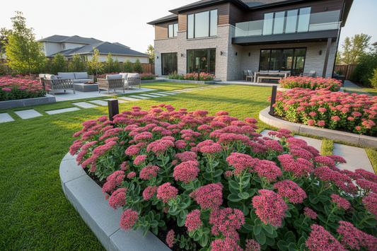 Sedum 'Carl' Stonecrop perennial plants, upscale landscaped suburban setting