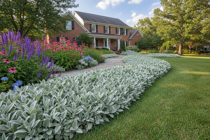 stachys 'helen von stein' perennial plants, as a border, suburban neighborhood