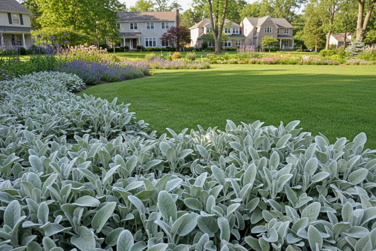 stachys 'helen von stein' perennial plants, landscaped lawn, suburban setting,