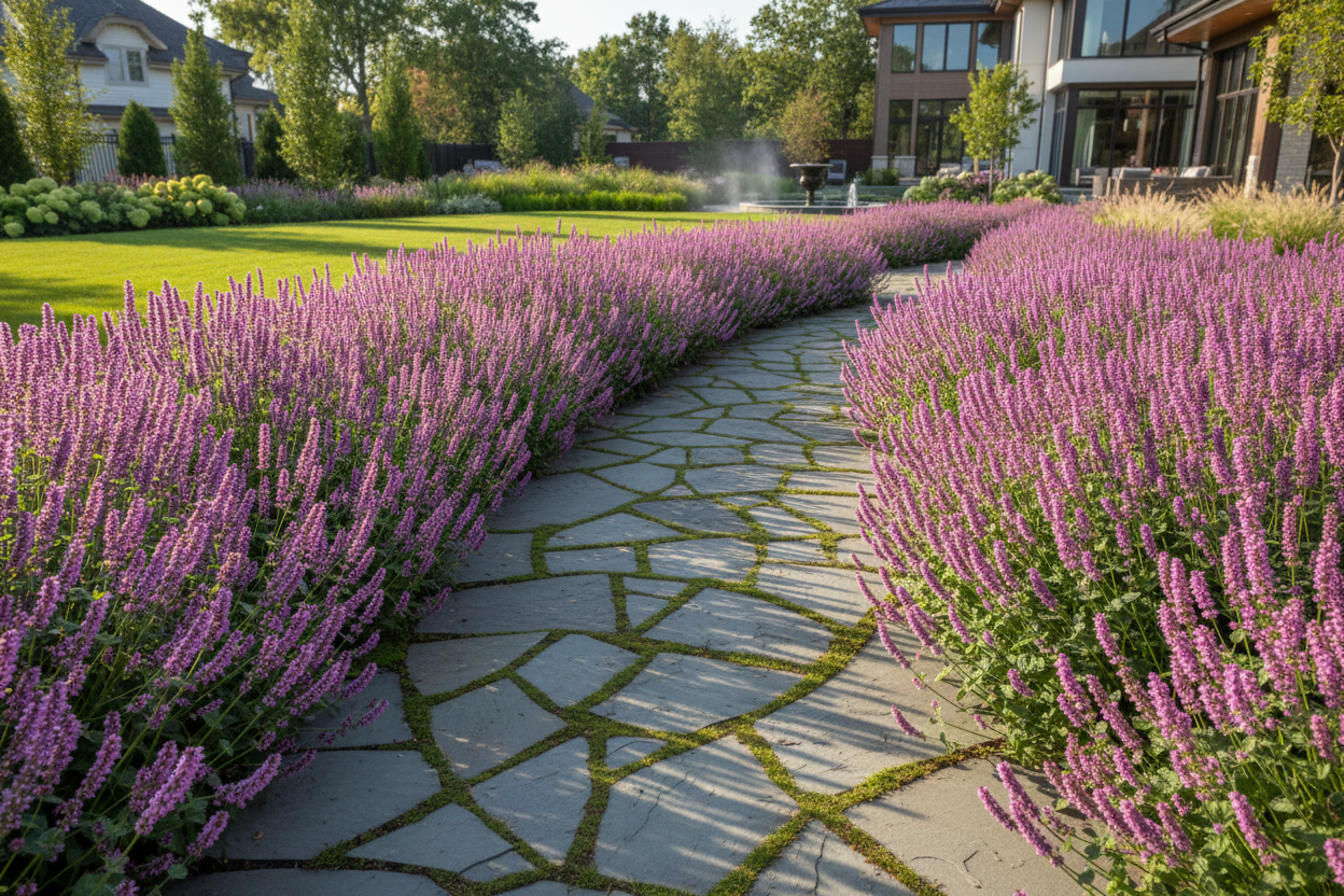 Stachys 'Hummelo' Betony-Common Perennial plants, as a stone path border, sunny upscale backyard, suburban setting,