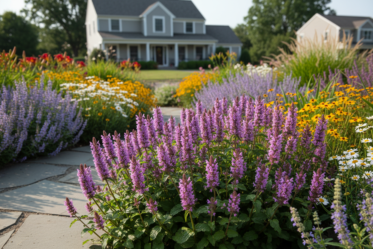 Stachys monieri 'Hummelo' Betony-Common Perennial plants, as the highlight plant in the perennial garden, suburban setting,