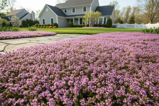thyme 'elfin' perennial groundcover blooming, suburban setting