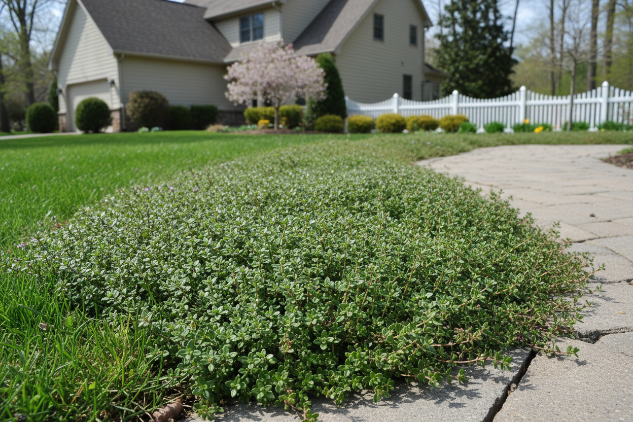 thyme 'elfin' perennial groundcover, suburban setting