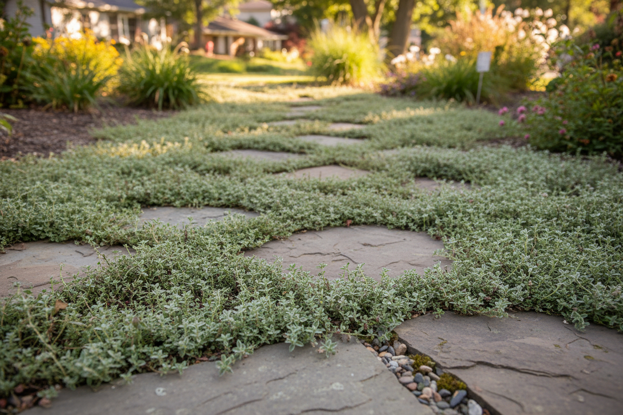 Thymus 'Woolly' perennial plant, between stepping stones, suburban setting