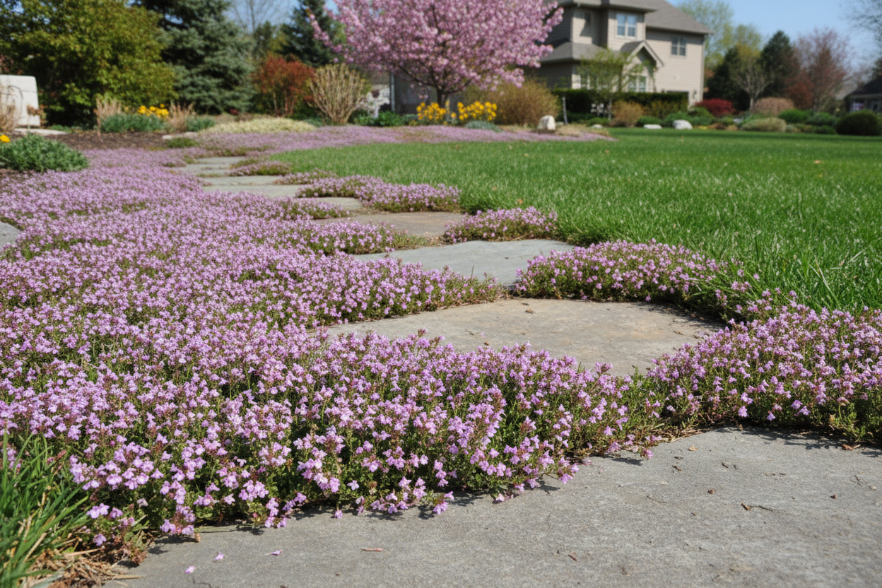 Thymus 'Woolly' perennial plant in bloom, between stepping stones, suburban setting