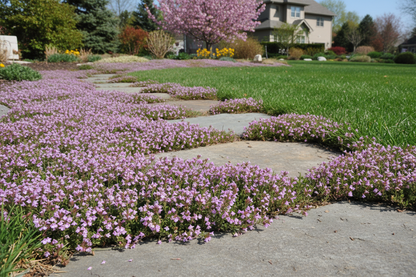Thymus 'Woolly' perennial plant in bloom, between stepping stones, suburban setting