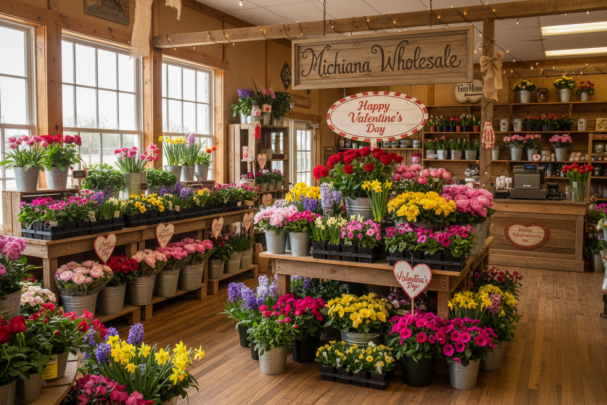 Valentine's Day in a country flower store, lots of different small charming Happy Valentine's" signs, colorful perennial flowers in flats, signs read "Michiana Wholesale" and a smaller sign "Happy Valentine's Day" only, bright and inviting, 