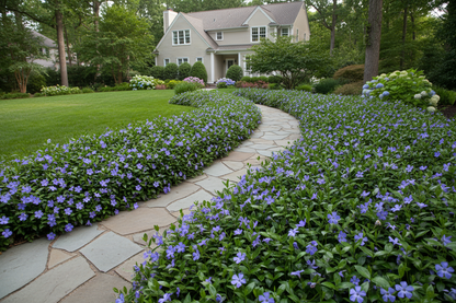 vinca 'bowles' periwinkle perennial groundcover plants, as a garden path border, suburban setting