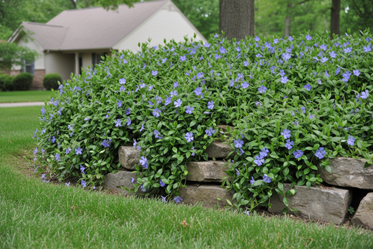 vinca 'bowles' periwinkle perennial groundcover plants, as a rocky edge border, suburban setting