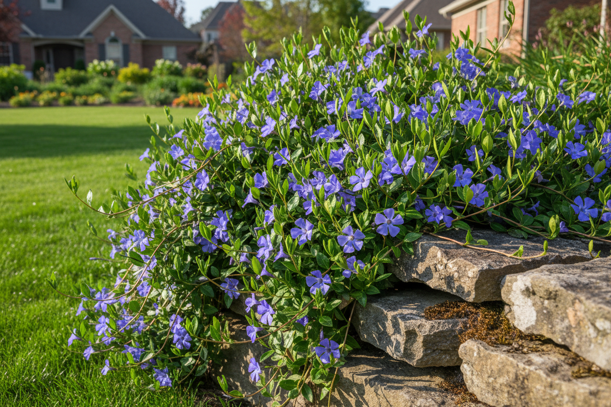 vinca 'bowles' periwinkle perennial groundcover plants, as a stone outcrop vine, suburban setting