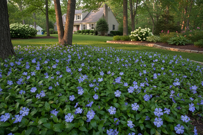 vinca 'bowles' periwinkle perennial groundcover plants, suburban setting