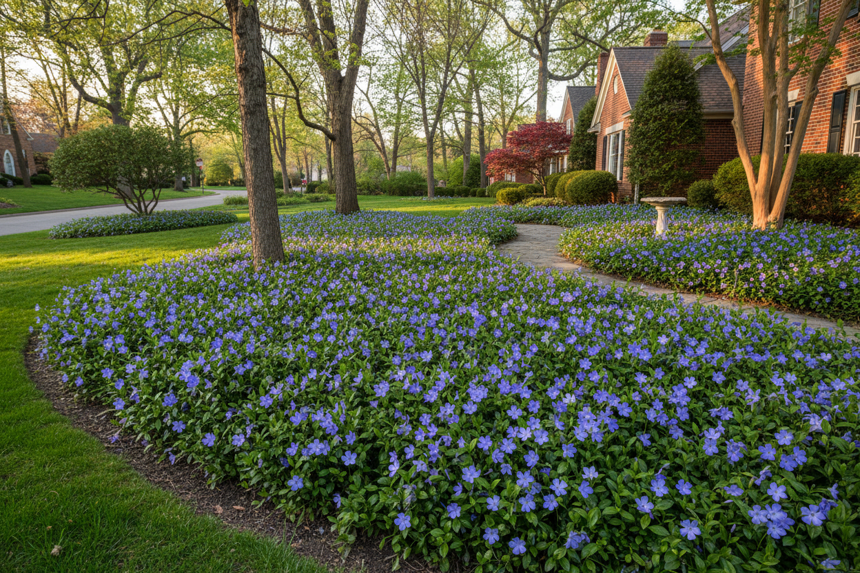 vinca 'bowles' periwinkle perennial groundcover plants, suburban setting