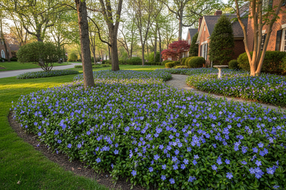 vinca 'bowles' periwinkle perennial groundcover plants, suburban setting