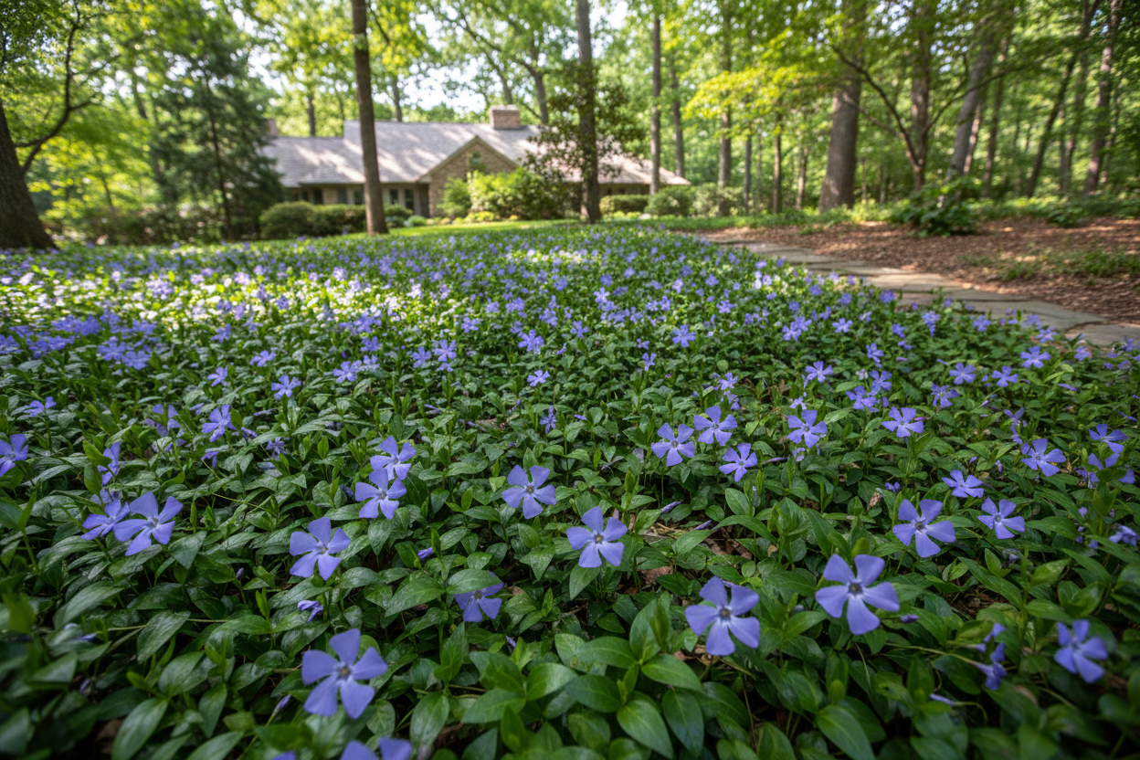 vinca 'bowles' periwinkle perennial groundcover plants , woodland suburban setting