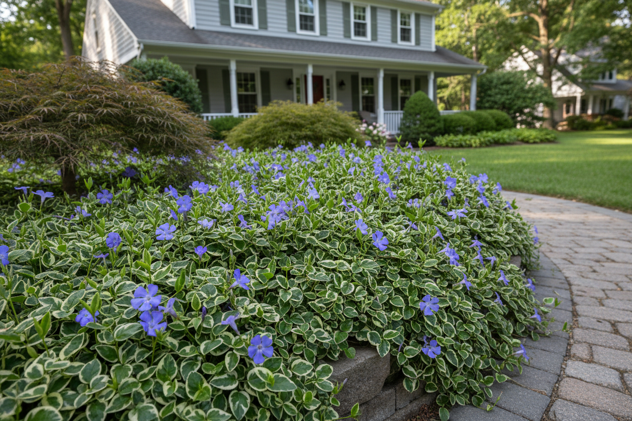 Vinca 'Ralph Shugert' perennial groundcover plants, suburban setting