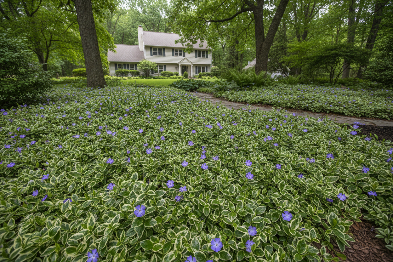 Vinca 'Ralph Shugert' perennial groundcover shade plants, suburban setting