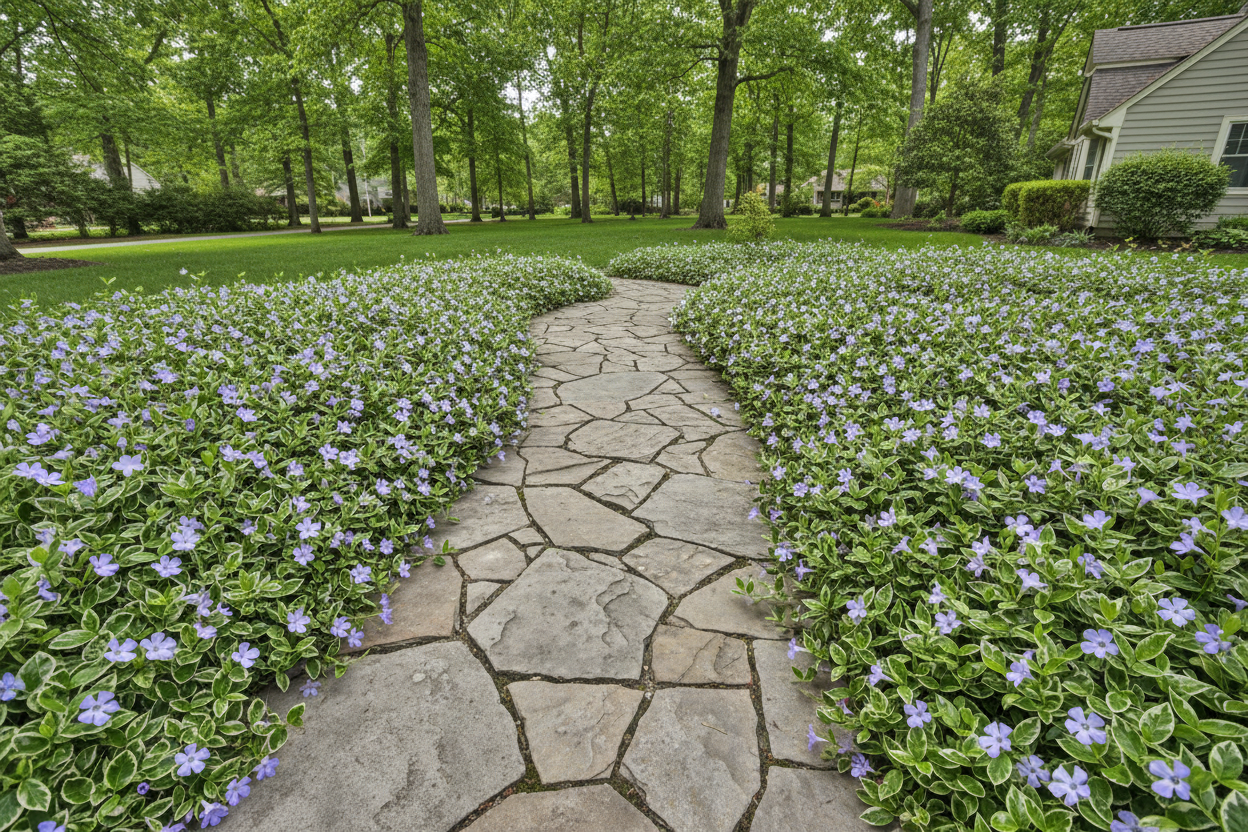 vinca 'ralph shugert' periwinkle perennial groundcover plants, as a garden path border, suburban setting
